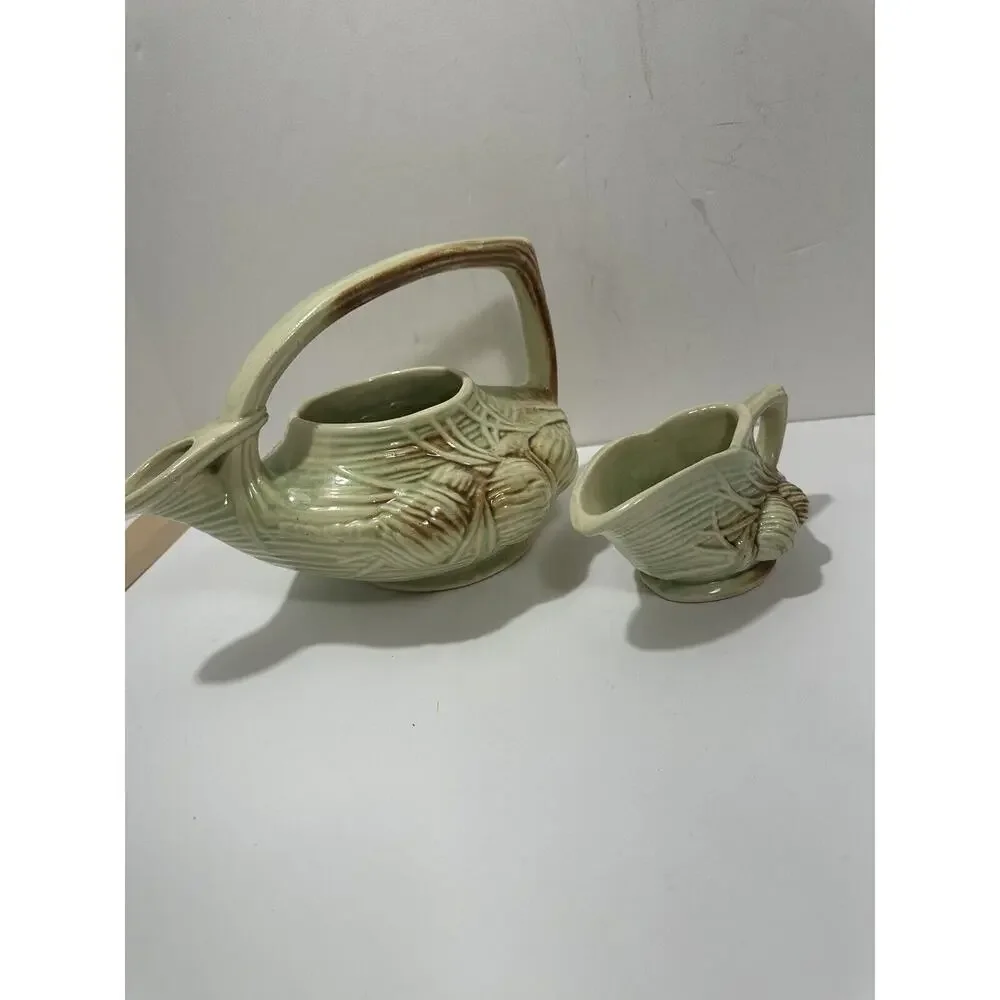 Vintage McCoy Pottery Teapot No Lid‎ + Creamer Cone in Green & Brown